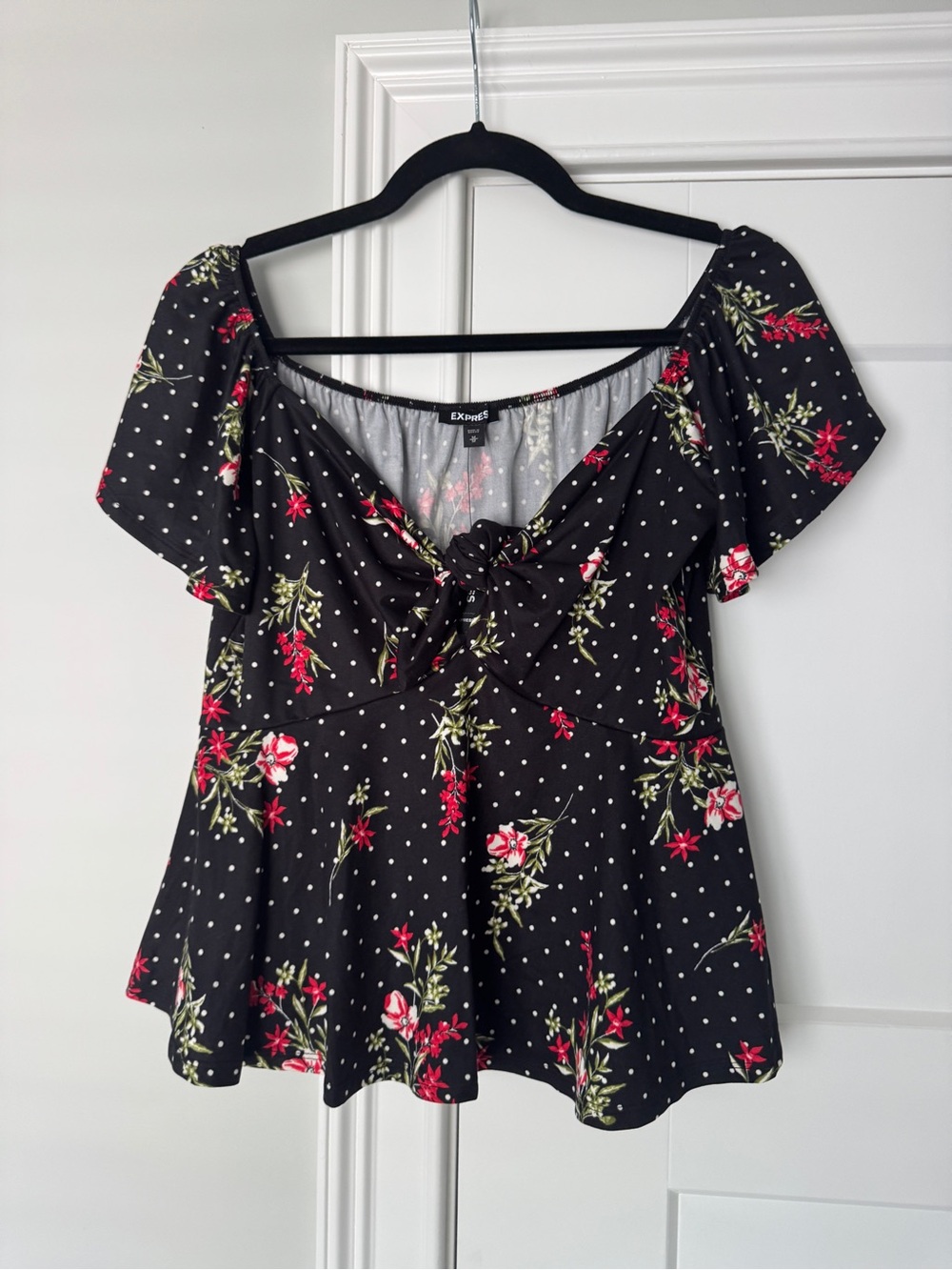 Express Black Floral Tie-Front Peplum Blouse